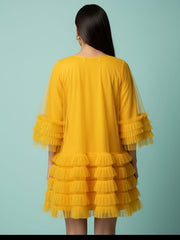 AD Knee Length Long Sleeve Mesh Ruffles Hem Dress for Women in Yellow