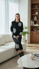 AD Embroidered Beaded Long Sleeve Knitted Sweater 2 Pcs Set