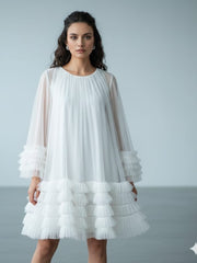 AD Knee Length Long Sleeve Mesh Ruffles Hem Dress for Women in White