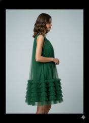 AD Knee Length Sleeveless Mesh Ruffles Hem Dress for Women in green