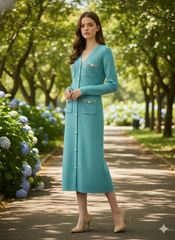 AD Elegant V-neck Knitted Bodycon Dress in Teal