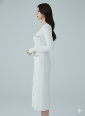 AD Elegant V-neck Knitted Bodycon Dress in White