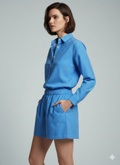 AD Newsta Diamond Modern Women's Long Sleeve Shorts 2 Pcs Set in Blue