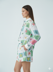 ADLUXE Multicolored Patterned Lacy Coordinate Short 2 Pcs Set in green