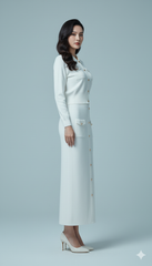 AD Knitted Women Elegant Collared Button Up Cardigan Sweater and Midi Skirt 2 Pcs Set in White