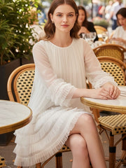 AD Knee Length Long Sleeve Mesh Ruffles Hem Dress for Women in White