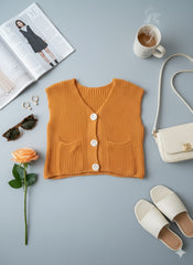 ADL Crop Women's Knit Vest Cardigan With Large Gold Button in mustard.