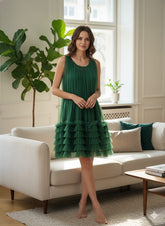 AD Knee Length Sleeveless Mesh Ruffles Hem Dress for Women in green