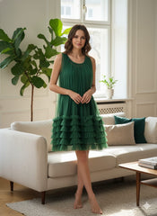 AD Knee Length Sleeveless Mesh Ruffles Hem Dress for Women in green