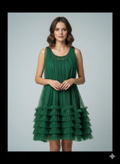 AD Knee Length Sleeveless Mesh Ruffles Hem Dress for Women in green