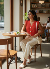 ADL Crop Women's Knit Vest Cardigan With Large Gold Button in burnt orange.