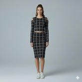 AD Checker Print Cold Shoulder Crop Top & Midi Skirt 2 Pcs Set