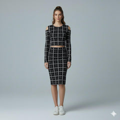 AD Checker Print Cold Shoulder Crop Top & Midi Skirt 2 Pcs Set