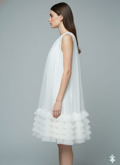 AD Knee Length Sleeveless Mesh Ruffles Hem Dress for Women in White