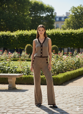 ADL High-End Knitted Top & Wide Leg Pant 2 Pcs Set in Brown.
