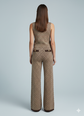 ADL High-End Knitted Top & Wide Leg Pant 2 Pcs Set in Brown.
