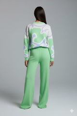 ADL Cosy Contrast Colour Printed Knitted 2 pieces Women Pant set in Teal