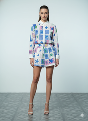 ADLUXE Multicolored Patterned Lacy Coordinate Short 2 Pcs Set in Blue