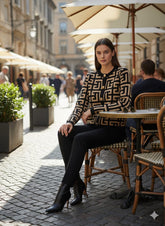 AD Vintage Geometric Pattern Women Slim Cardigan in Brown