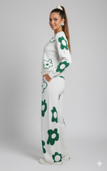 ADL High Quality Floral Pattern V-Neck Knitted 2 piece Set Women Wide-Leg in Green .