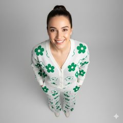 ADL High Quality Floral Pattern V-Neck Knitted 2 piece Set Women Wide-Leg in Green .