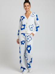 ADL High Quality Floral Pattern V-Neck Knitted 2 piece Set Women Wide-Leg in Blue