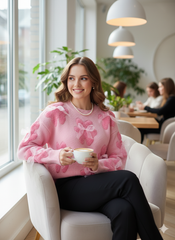 ADL Vintage Winter Cute Teddy Bear & Sheer Bow Long Sleeve Sweater in Pink.