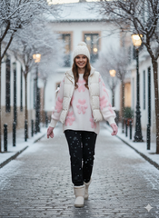 ADL Vintage Winter Cute Teddy Bear & Sheer Bow Long Sleeve Sweater in White