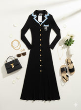 Elegant Embrodery Letter Midmaxi Sweater Dress In Black.