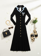 Elegant Embrodery Letter Midmaxi Sweater Dress In Black.