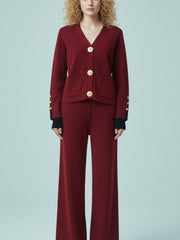 ADL Large Button Long Sleeve Knitted V-Neck wide-leg Pant 2 pieces Set Maroon