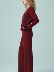 ADL Large Button Long Sleeve Knitted V-Neck wide-leg Pant 2 pieces Set Maroon