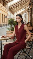 ADL Large Button Sleeveless Knitted V-Neck wide-leg Pant 2 pieces Set Maroon