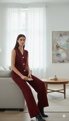 ADL Large Button Sleeveless Knitted V-Neck wide-leg Pant 2 pieces Set Maroon