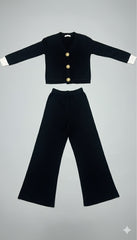 ADL Large Button Long Sleve knitted V-Neck wide-leg Pant 2 pieces Set black