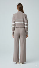 ADL High-End Casual Knitted Half Zipper Collar Top With Wide Leg Pant in grey