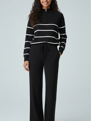 ADL High-End Casual Knitted Half Zipper Collar Top With Wide Leg Pant in Black