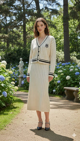 AD Textured Retro Knitted 2 Pcs Set in Cream