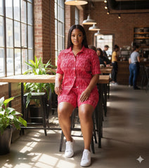 ADL Pleated Abstract Pink and White Print Short 2 Pcs Set