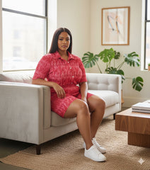 ADL Pleated Abstract Pink and White Print Short 2 Pcs Set