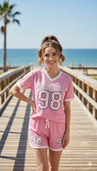 AD Retro Digital Print Casual Versatile Short 2 Pcs set in Pink.