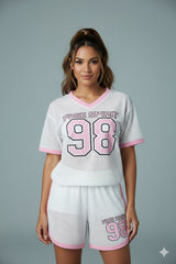 AD Retro Digital Print Casual Versatile Short 2 Pcs set in White.