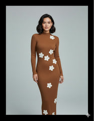 AD Elegant Woman Floral Decor Causal Midi Dress in brown