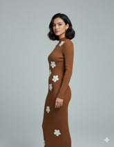 AD Elegant Woman Floral Decor Causal Midi Dress in brown
