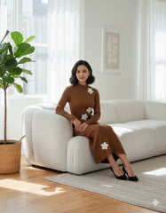 AD Elegant Woman Floral Decor Causal Midi Dress in brown