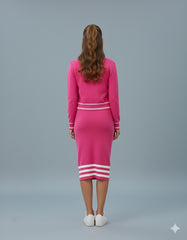 AD Elegant Skinny Trimmed Gold Buttons Knit Cardigan Top 2 Pcs Set in Pink