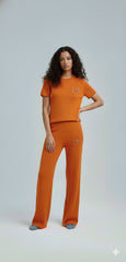 Leisure Fashion Alphabet Embroidered Sweater and Wide Leg Pants Set Two Piece Set in Burnt Orange
