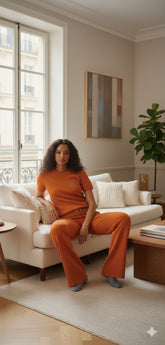 Leisure Fashion Alphabet Embroidered Sweater and Wide Leg Pants Set Two Piece Set in Burnt Orange