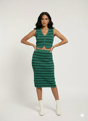 Petite Ribbed Stripe 2 Pcs Set in Green