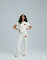 AD Leisure Fashion Alphabet Embroidered Sweater and Wide Leg Pants Set Two Piece Set in white